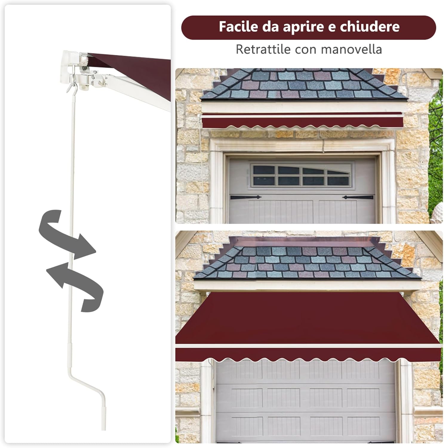 Tenda da Sole per Esterno Avvolgibile 3 x 2,5 M, Tenda da Sole a Bracci Estensibili con Telaio in Alluminio, Tettuccio Resistente al Sole e Impermeabile e Manovella (3 x 2,5 M, Rosso)