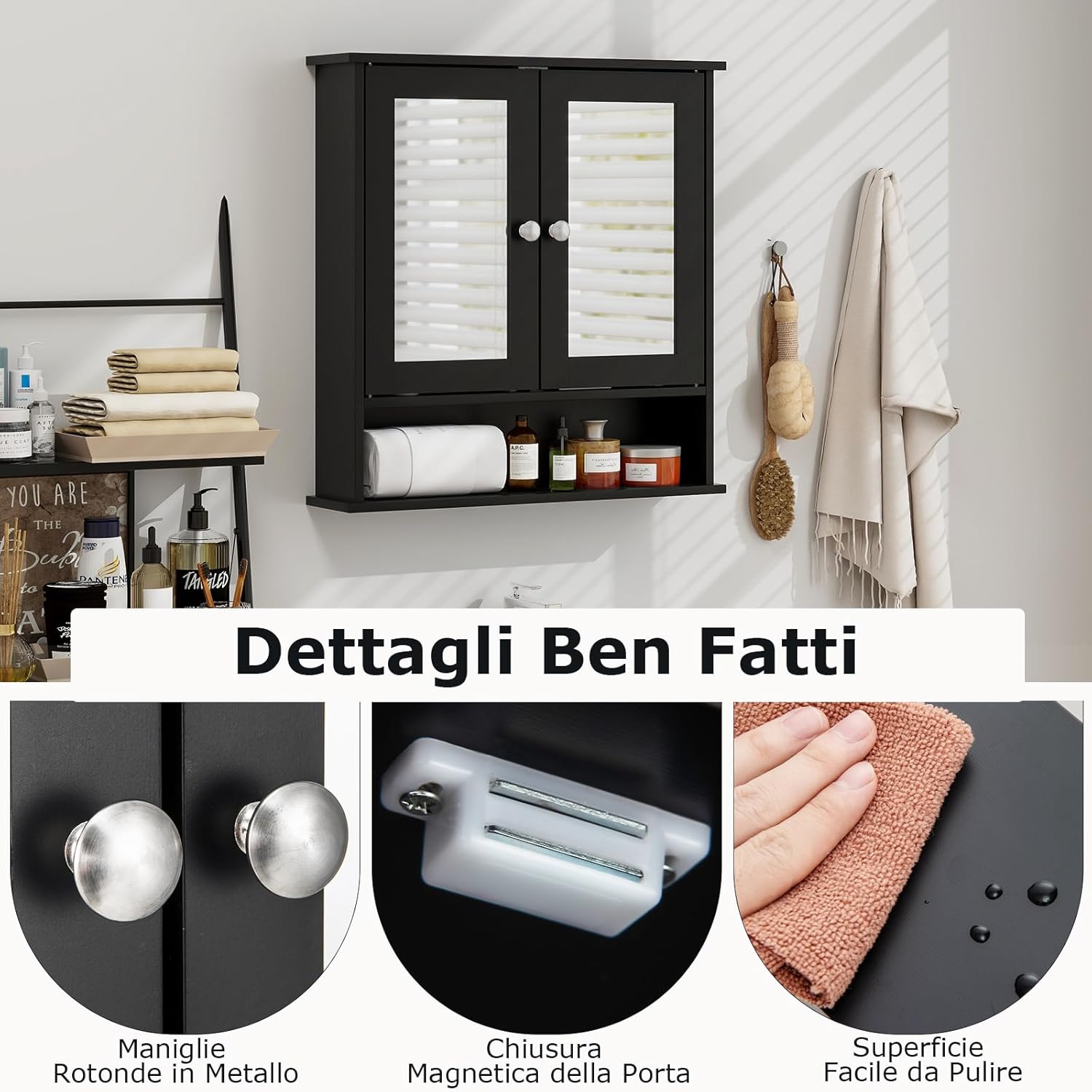 Armadietto da Bagno con Specchio, Armadietto da Parete con Ripiano Regolabile, Mobile da Parete per Bagno (Nero)