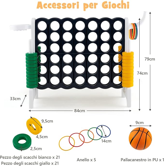 Forza 4 Gigante, Forza Quattro per Bambini con Canestro, Palla, 5 Anelli e 42 Piedine, Giochi Educativi da Esterno ed Interno per Vacanze e Feste, Ideale per Bambini +3 Anni