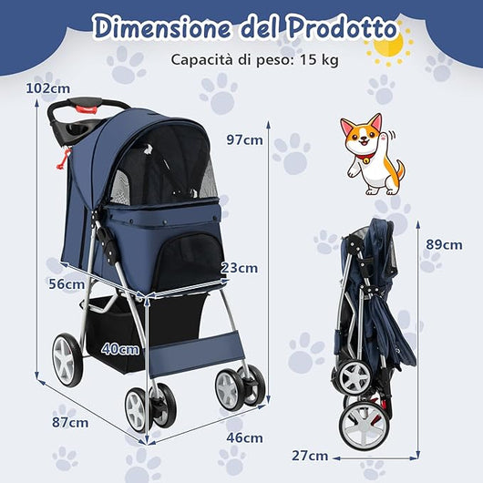 Passeggino per Cani Piccoli Pieghevole, Fino a 15 kg, Ruote 360° con Freni, Cuscino, Porta Doppio, Finestre, Cestino, Portabicchieri, Carrozzina Portatile (Blu)