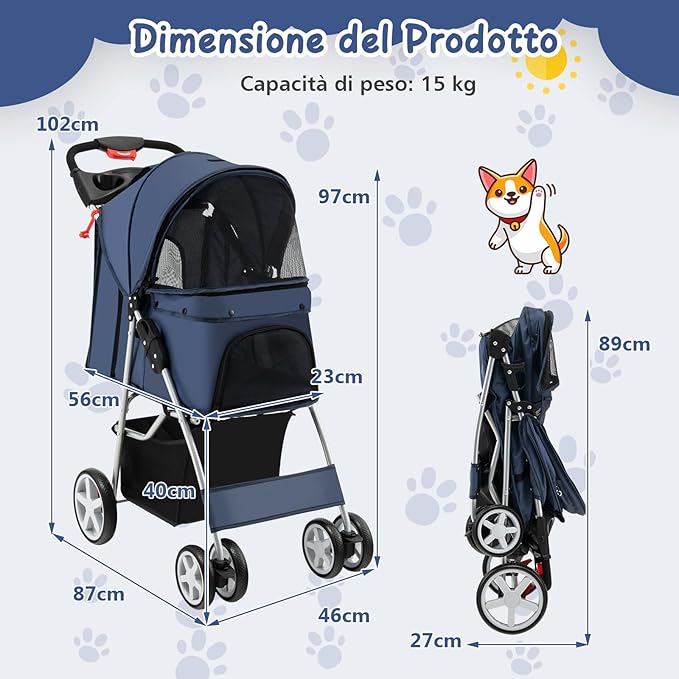 Passeggino per Cani Piccoli Pieghevole, Fino a 15 kg, Ruote 360° con Freni, Cuscino, Porta Doppio, Finestre, Cestino, Portabicchieri, Carrozzina Portatile (Blu)