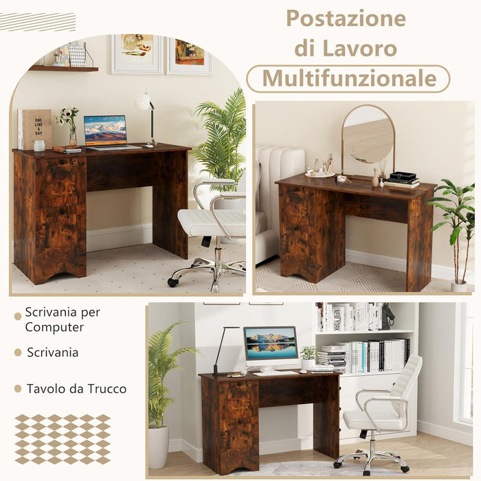 Scrivania per Computer con 2 Cassetti a Maniglia, Scrivania PC Salvaspazio Multifunzionale, Scrivania Gaming per Ufficio, Soggiorno, Camera da Letto e Studio, 109 x 50 x 75 cm (Marrone)