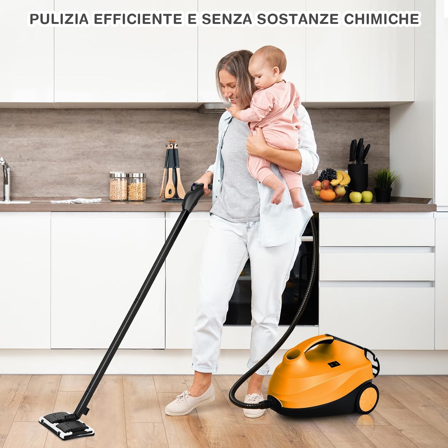 2000W Pulitore a Vapore con 19 Accessori e Serbatoio da 1,5L, Vapore per Tappeti, per Pulizie Profonde Pavimenti Finestre e Macchine (Arancia)