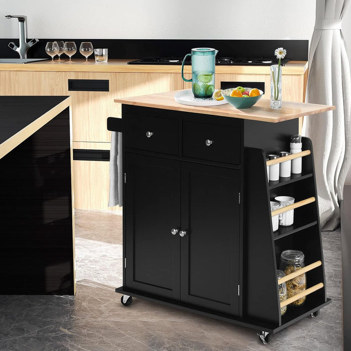 Carrello Cucina con Ruote, Carrello di Servizio con 2 Cassetti e Portaspezie, Portasciugamani e 2 Porte, Ideale per Casa Ristorante e Bar, 88x45x89,5 cm (Nero)