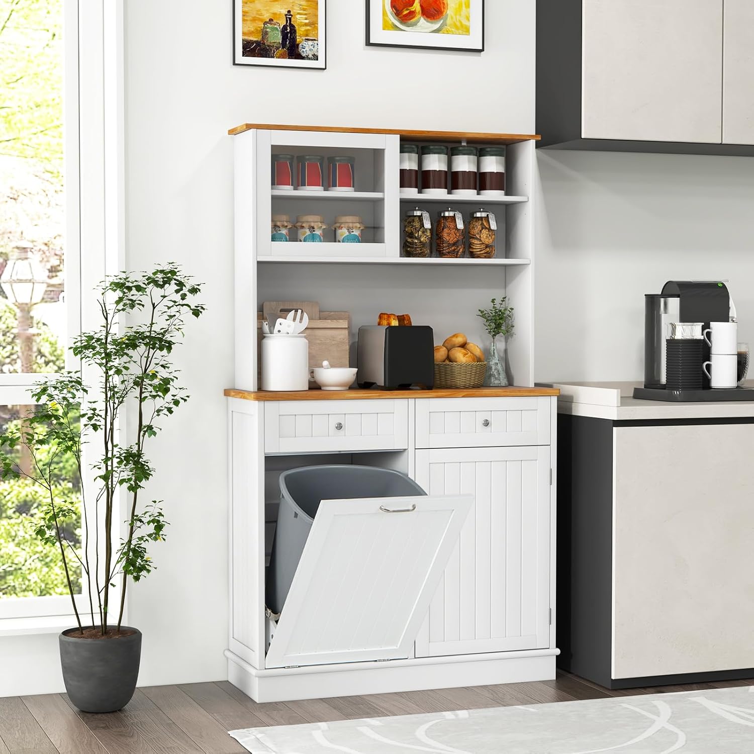 Credenza Alta per Cucina Porta Bidone della Spazzaturi, Mobile Cucina Dispensa con 2 Cassetti, Ante e 2 Ripiani Regolabili, Armadio Cucina in Legno di Gomma, 100 x 34 x 172 cm, Bianco