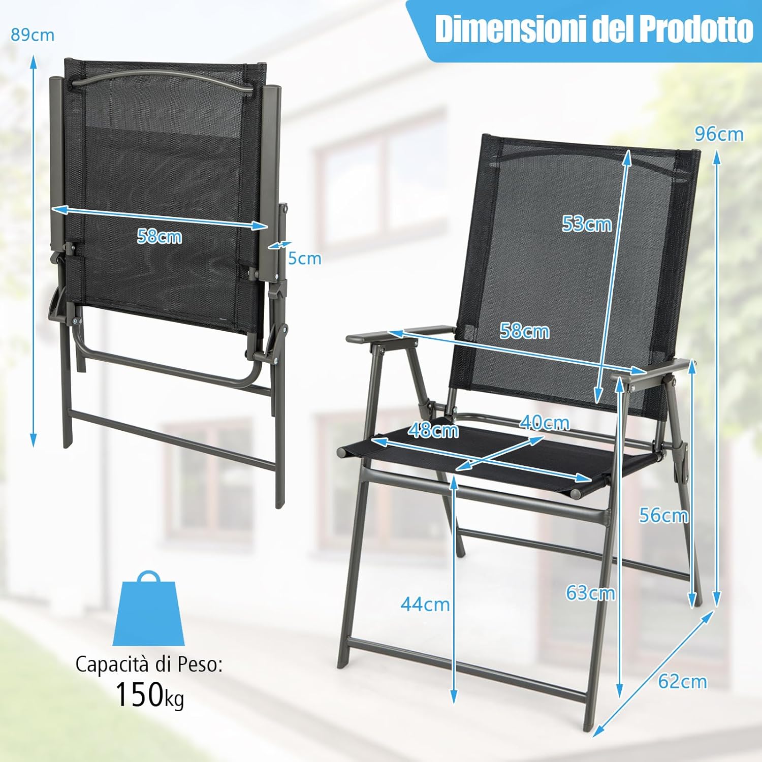 Set di 2/4 Sedie Pieghevoli da Giardino in Textilene, Sedie da Esterno con Schienale Alto, Poltrona Portatile per Giardino Campeggio Patio, Portata 150 kg (2, Nero, 62 x 58 x 96 cm)