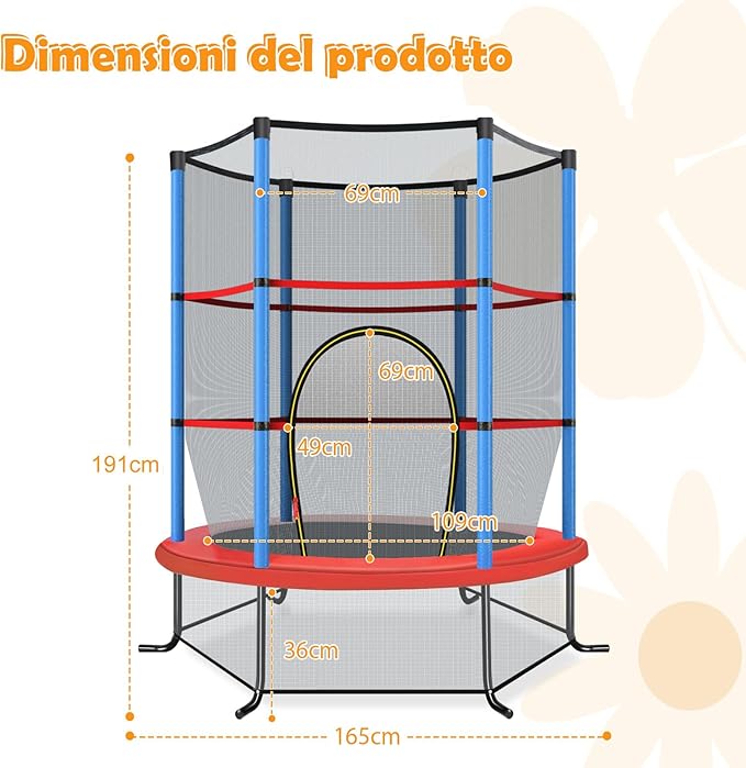 Trampolino Elastico Bambino in Acciaio, Tappeto Elastico Bambini da Esterno e da Interno, con Rete e Cusicnetti Antiscivolo