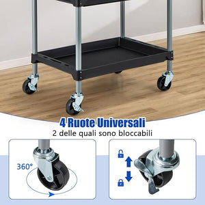 Carrello Utensili a 3 Strati, Carrello Porta Attrezzi con Manico Imbibito e Ruote Universali Bloccabili per Garage, Magazzino, Officina e Cucina, Portata 45 kg, 64 x 40 x 102 cm