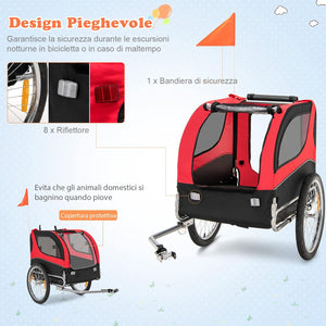 Rimorchio Bici per Animali, Carrello per Bicicletta per Cani di Piccola e Media Taglia con Ruote da 50cm e Tettuccio Apribile, Portata 40 kg, 60,5 x 135 x 95 cm (Rosso)