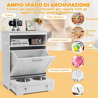 Stazione di Alimentazione per Animali Domestici con Ciotola in Acciaio Inox, Gancio, Dispositivo Antiribaltamento, Armadietto di Stoccaggio per Cani e Gatti, 61 x 35,5 x 82,5 cm