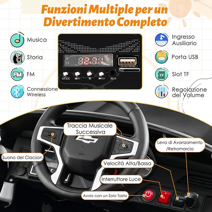 12V Macchina Elettrica per Bambini Chevrolet, SUV Elettrica con Telecomando Luci Luminose e Musica, 3-3,5 km/h, Ideale per Bambini di 3-6 Anni (Nero)
