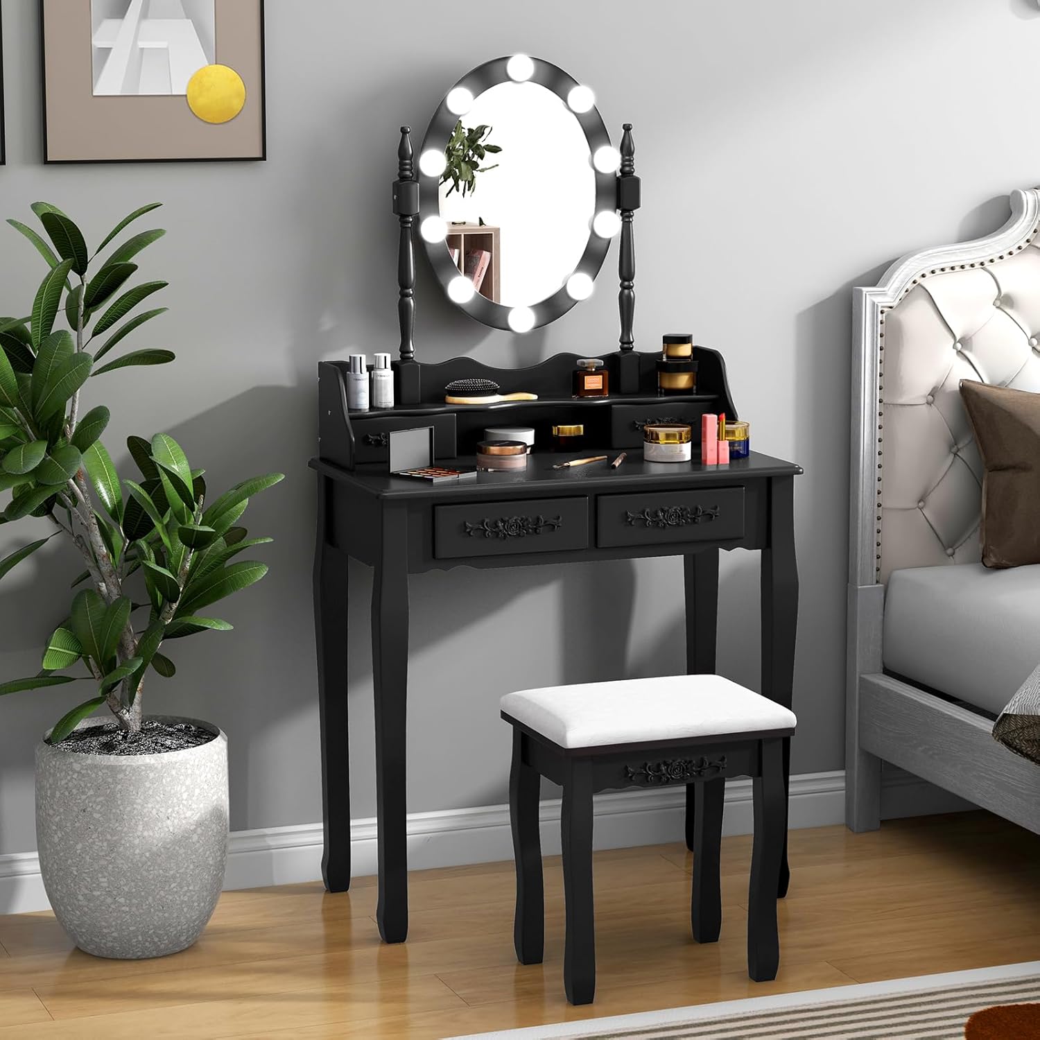 Toeletta Trucco con Specchio e 10 Luci LED, Luminosit¨¤ Regolabile, Postazione Trucco con Sgabello Imbottito, Tavolo da Trucco Scrivania con 4 Cassetti Camera da Letto (Nero)