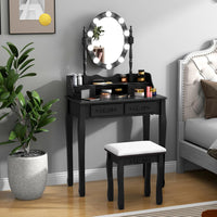 Toeletta Trucco con Specchio e 10 Luci LED, Luminosit¨¤ Regolabile, Postazione Trucco con Sgabello Imbottito, Tavolo da Trucco Scrivania con 4 Cassetti Camera da Letto (Nero)