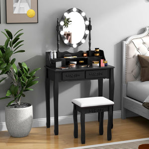 Toeletta Trucco con Specchio e 10 Luci LED, Luminosit¨¤ Regolabile, Postazione Trucco con Sgabello Imbottito, Tavolo da Trucco Scrivania con 4 Cassetti Camera da Letto (Nero)