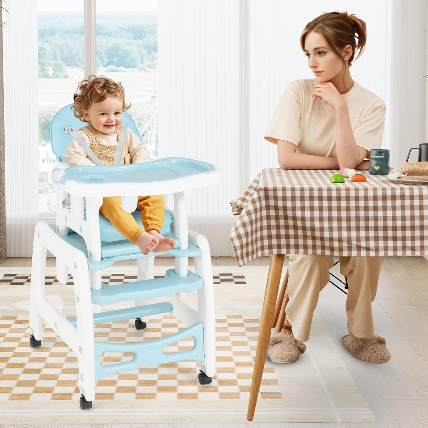 Seggiolone Pappa per Bambini 3 in 1, Seggiolone per Neonati con Vassoio Rimovibile, Cuscino per Seduta, Schienale Regolabile, per 6-36 Mesi, Capacità di Carico 20 kg (Blu)