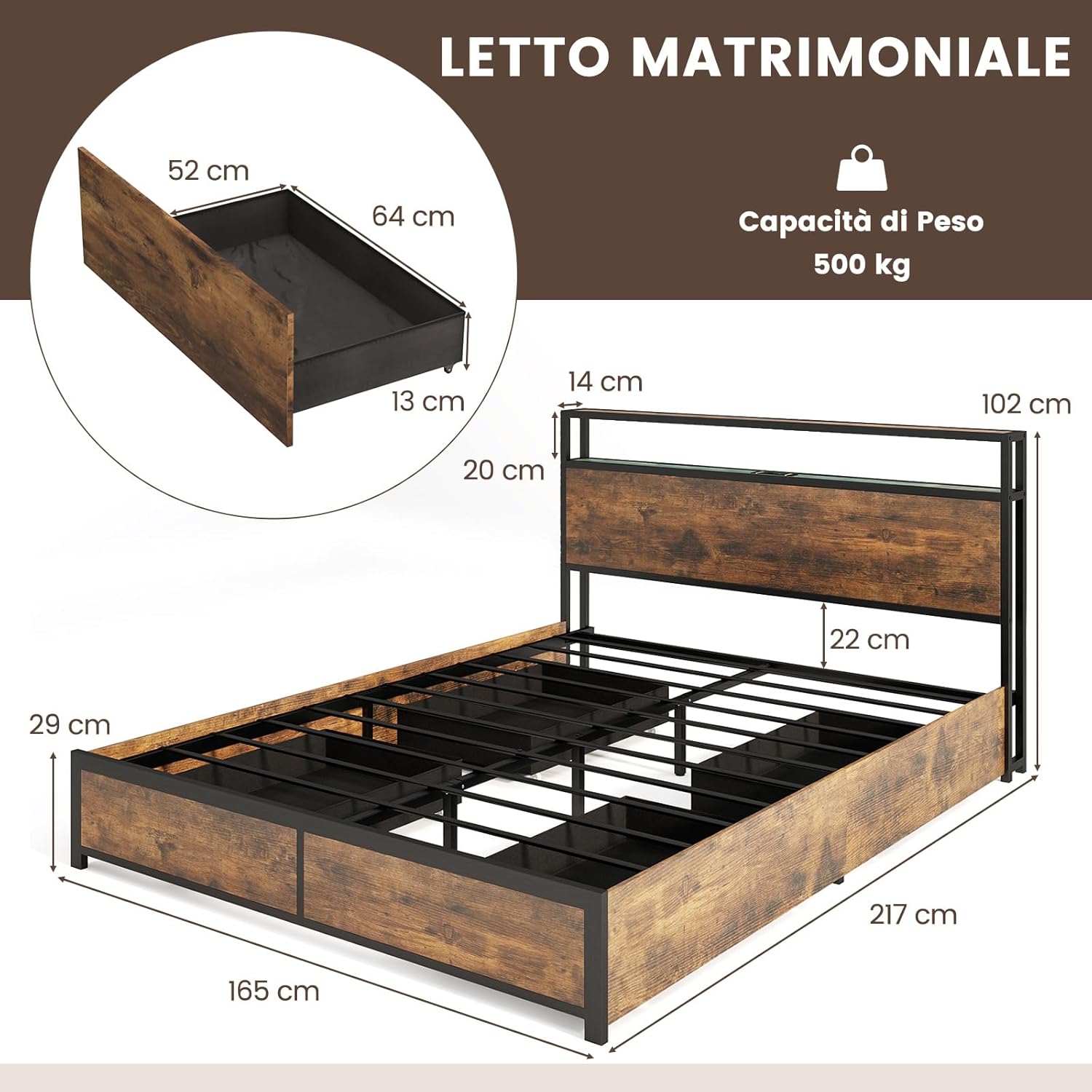 Letto con 4 Cassetti e Testiera, Struttura Letto 200x160 cm con Luci LED Regolabile e Presa Multipla, Carico Massimo 300kg, Silenzioso (200x160 cm)