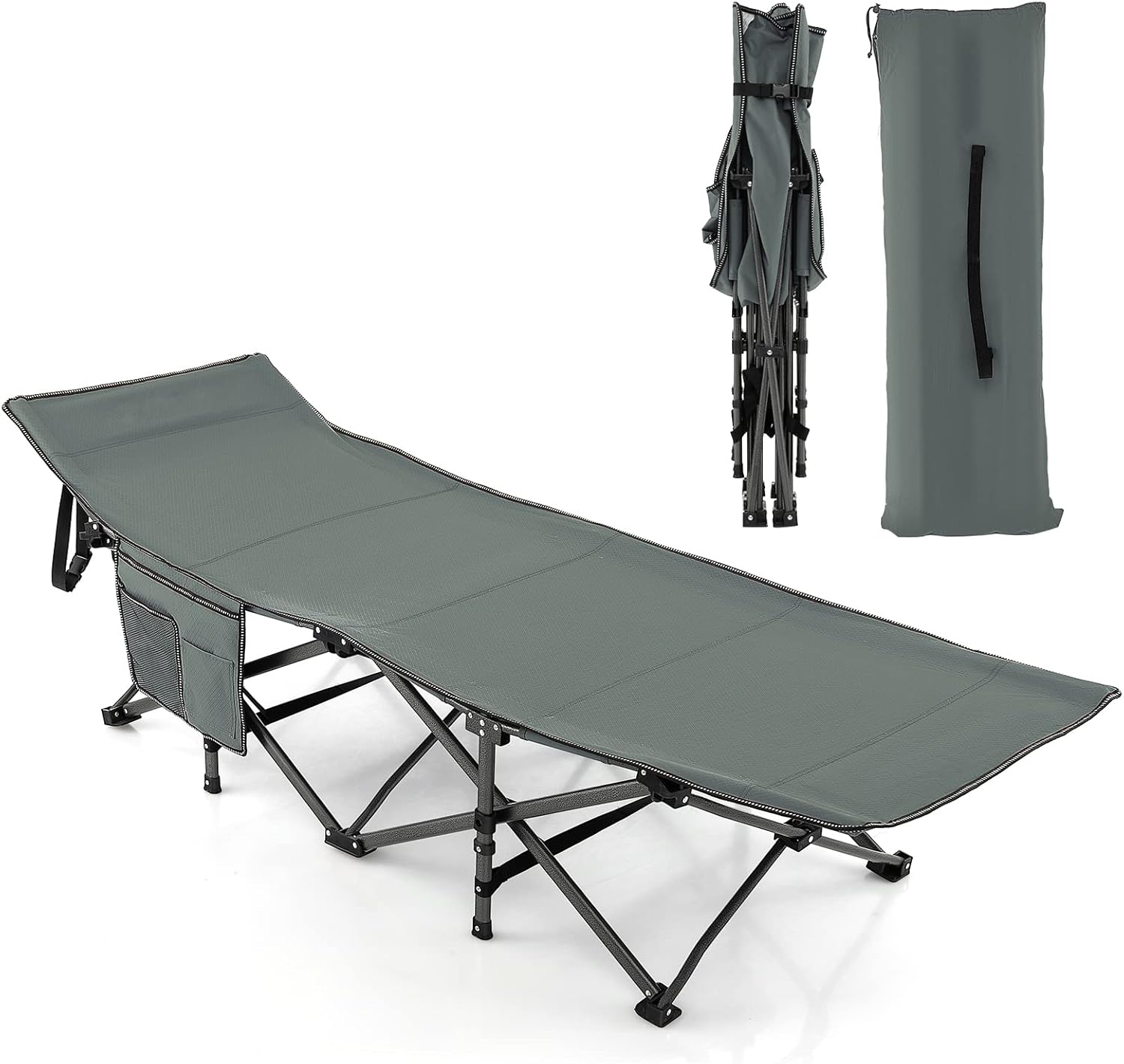 Brandina da Campeggio Pieghevole, Letto Portatile con Poggiatesta Inclinato, Tasca Laterale e Borsa di Trasporto, Branda Campeggio per Backpacking, Ospiti e Pesca, Portata 272 kg