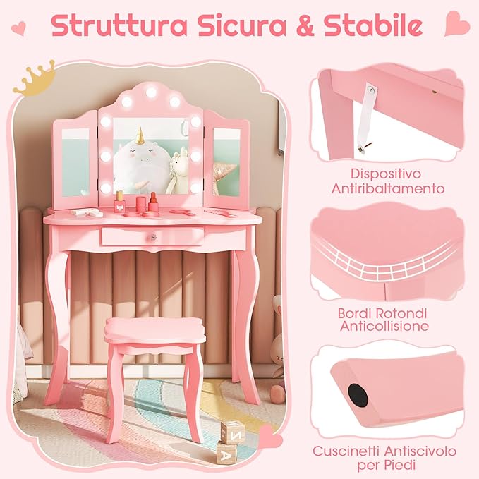 Toeletta Trucco 2 in 1 per Bambina, Specchiera Staccabile per Ragazza in Legno con Sgabello, Cassetto, Ripiani e Giocattoli, Postazione Trucco per 3 Anni, 70 x 34 x 103 cm (Rosa)