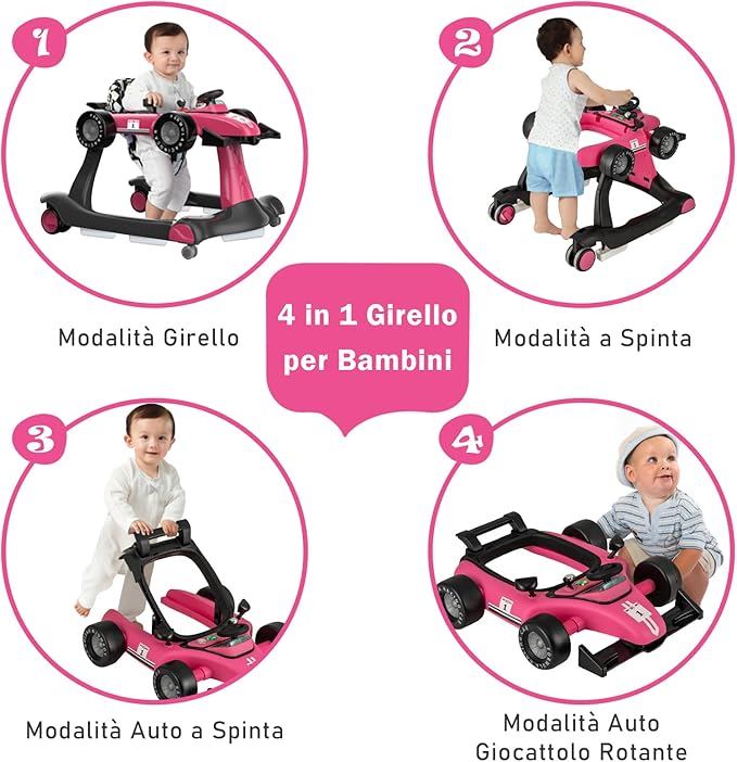 Girello per Bambini 4 in 1, Girello Pieghevole con Altezza e Velocità Regolabili, Carillon con Luci, Volante e Sedile, Primi Passi per Bambini 6-18 Mesi, Portata 15 kg (Rosa Scruro)