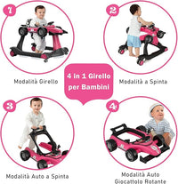 Girello per Bambini 4 in 1, Girello Pieghevole con Altezza e Velocità Regolabili, Carillon con Luci, Volante e Sedile, Primi Passi per Bambini 6-18 Mesi, Portata 15 kg (Rosa Scruro)