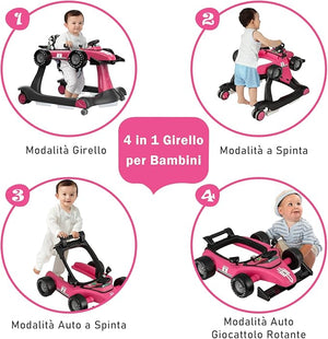 Girello per Bambini 4 in 1, Girello Pieghevole con Altezza e Velocità Regolabili, Carillon con Luci, Volante e Sedile, Primi Passi per Bambini 6-18 Mesi, Portata 15 kg (Rosa Scruro)