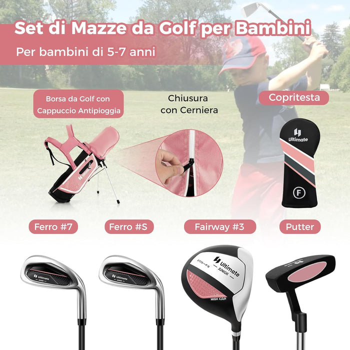 Set di Mazze da Golf per Bambini 5-7 Anni, Set Allenamento Golf con Sacca, Fodera Impermeabile, Legno di Fairway 3, Ferro 7, Ferro S e Putter per Bambini e Bambine, Destrorso