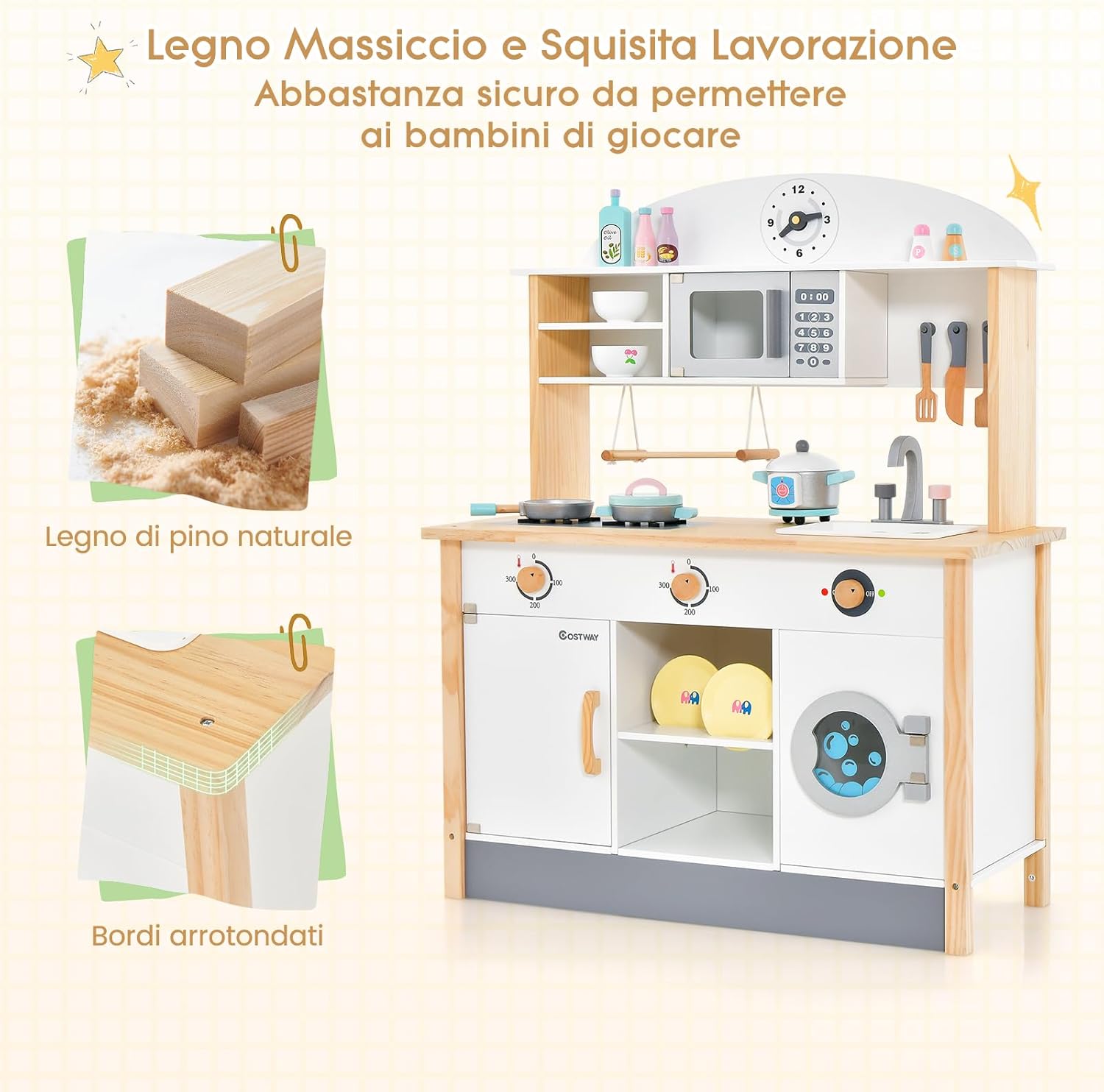Cucina Giocattolo per Bambini in Legno, Set da Cucina per Bambini con Forno a Microonde, Accessori Vari per Cucinare, per Bambini 3 Anni +