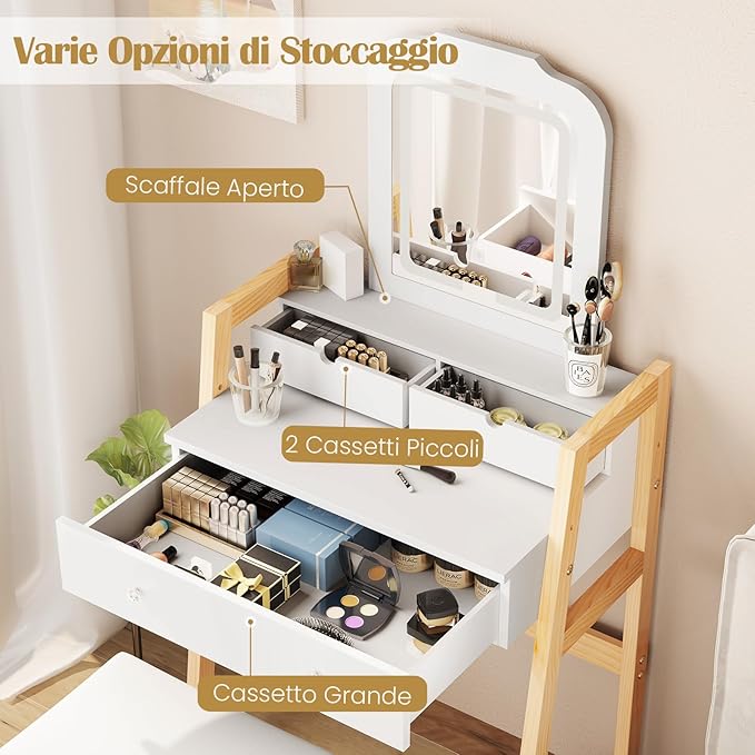 Set di Tavolo da Toeletta, Tavolo da Trucco con Sgabello e Specchio Regolabile in Altezza, 3 Cassetti, Bianco Moderno Minimalista
