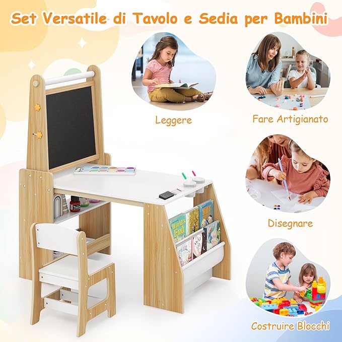 Set Tavolo e Sedia per Bambini, Tavolo in Materiale Sicuro con Lavagna e Sedia, Lavagna Bianca, Rotolo di Carta, 2 Ripiani Aperti e Libreria a 2 Ripiani, Ideale per Disegno (Naturale)
