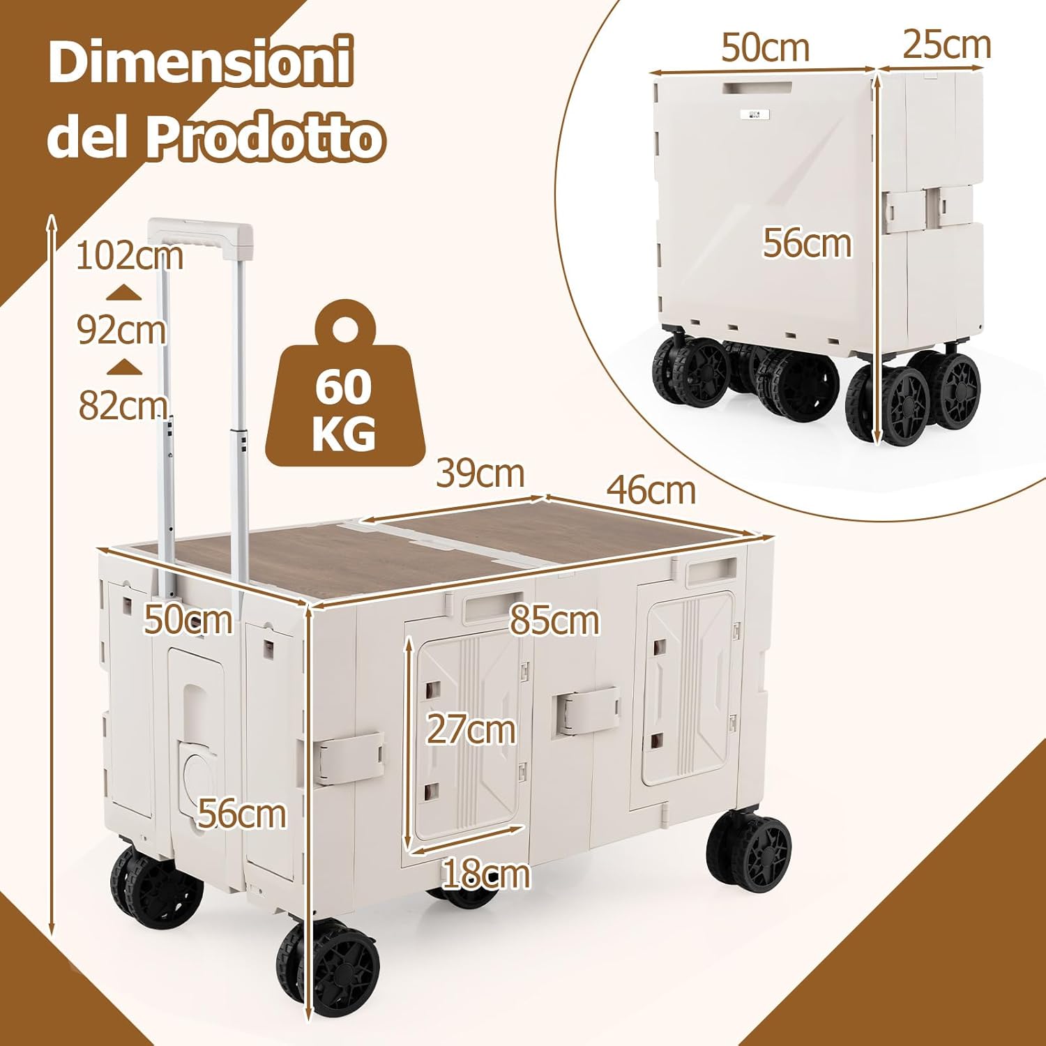 Carrello da Spiaggia Pieghevole 150 L, Carrello con Ruote Portatutto con Armadio a 2 Livelli e Manico Telescopico in Metallo, Carretto Giardino Portatile per Campeggio, Portata 120 kg (Bianco)