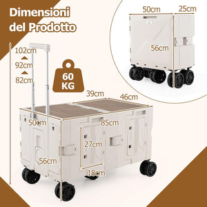 Carrello da Spiaggia Pieghevole 150 L, Carrello con Ruote Portatutto con Armadio a 2 Livelli e Manico Telescopico in Metallo, Carretto Giardino Portatile per Campeggio, Portata 120 kg (Bianco)