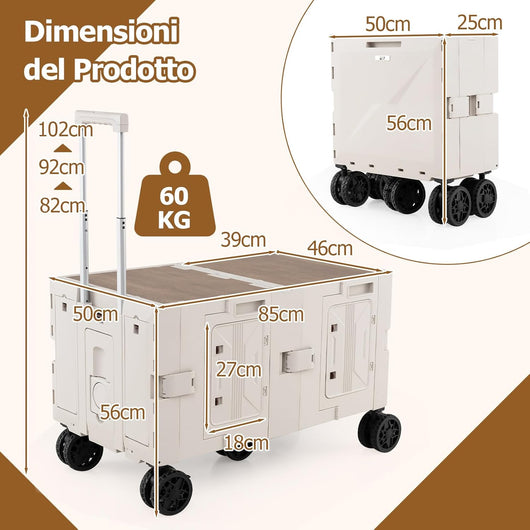 Carrello da Spiaggia Pieghevole 150 L, Carrello con Ruote Portatutto con Armadio a 2 Livelli e Manico Telescopico in Metallo, Carretto Giardino Portatile per Campeggio, Portata 120 kg (Bianco)