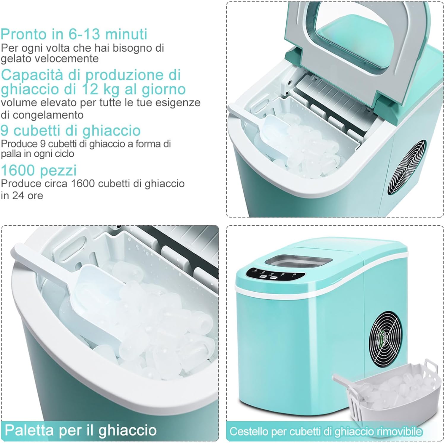 Macchina del Ghiaccio Portatile 12kg/24h, Macchina del Ghiaccio Cubetti con Cucchiaio Porzionatore e Cesto, 9 Cubetti di Ghiaccio in 6-13 Minuti (Verde)