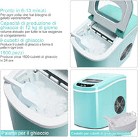 Macchina del Ghiaccio Portatile 12kg/24h, Macchina del Ghiaccio Cubetti con Cucchiaio Porzionatore e Cesto, 9 Cubetti di Ghiaccio in 6-13 Minuti (Verde)