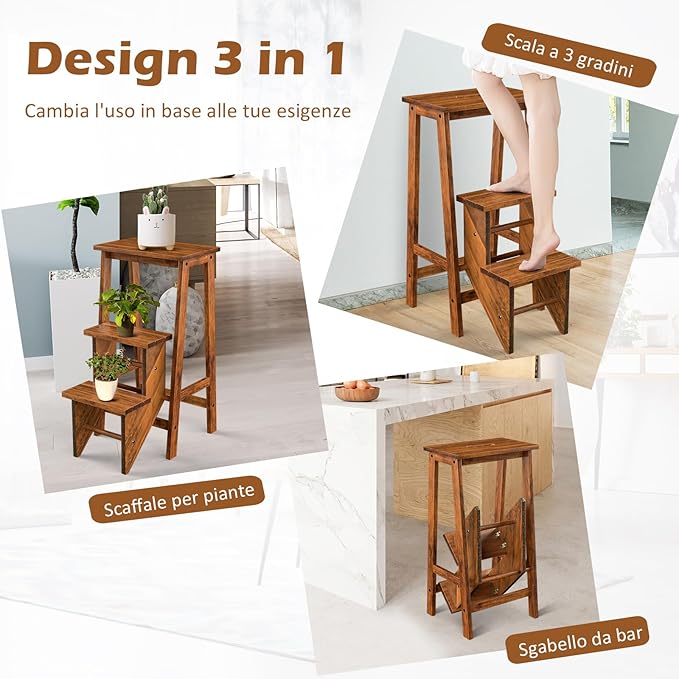 Scaletta Pieghevole, 3 in 1 Scaletta e Sgabello in Legno di Gomma Multifunzione, 3 Gradini, Reversibili Impugnatura, Capacità di Carico 310 kg, Ideale per Studio, Soggiorno (Caffè)