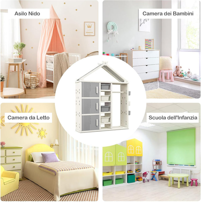 Armadio per Bambini, Organizzatore a Forma di Casa con 1 Lavagna, 3 Armadietti, 4 Cestini, 3 Cubi Chiusi e 3 Cestini Laterali, Armadietto Salvaspazio per Camera da Letto e Soggiorno (Grigio)