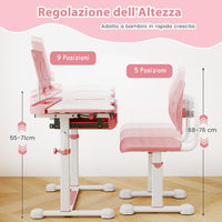 Set di Scrivania e Sedia per Bambini 3+ Anni, Scrivania Regolabile in Altezza con Piano Inclinabile, Supporto per Libri & Barra Poggiapiedi e Sedia Ergonomica, Ideale per Disegno (Rosa)
