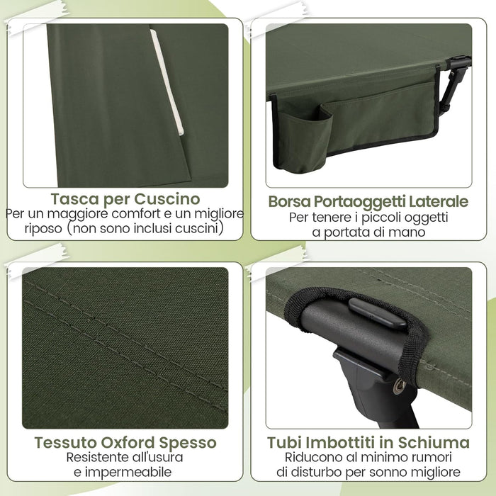 Brandina da Campeggio, Letto Pieghevole e Portatile con Tasca Laterale e Borsa da Trasporto, Lettino con Struttura in Metallo per Viaggio e Spiaggia, Portata 150 kg