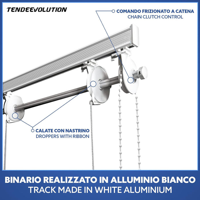BASTONE BINARIO PER TENDA A PACCHETTO CON 5 CALATE A SGANCIO RAPIDO IN ALLUMINIO BIANCO LUNGHEZZA 160 CM Attacco Soffitto COMANDO A SINISTRA