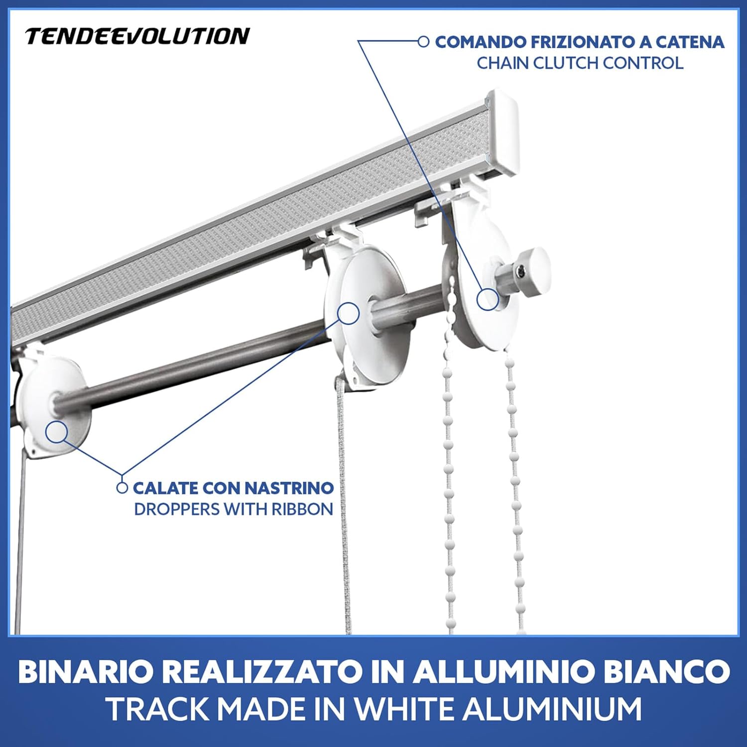 BASTONE BINARIO PER TENDA A PACCHETTO CON 7 CALATE A SGANCIO RAPIDO IN ALLUMINIO BIANCO LUNGHEZZA 200 CM Attacco Soffitto COMANDO A SINISTRA