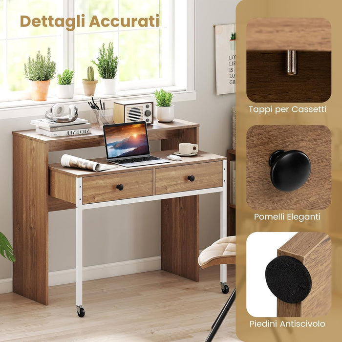 Scrivania per Computer, Tavolo Salvaspazio Retrattile con Cassetti e Ruote Universali Bloccabile, 100 x 63 x 88 cm, Desk Gaming per Ufficio, Soggiorno e Camera da Letto (Naturale)