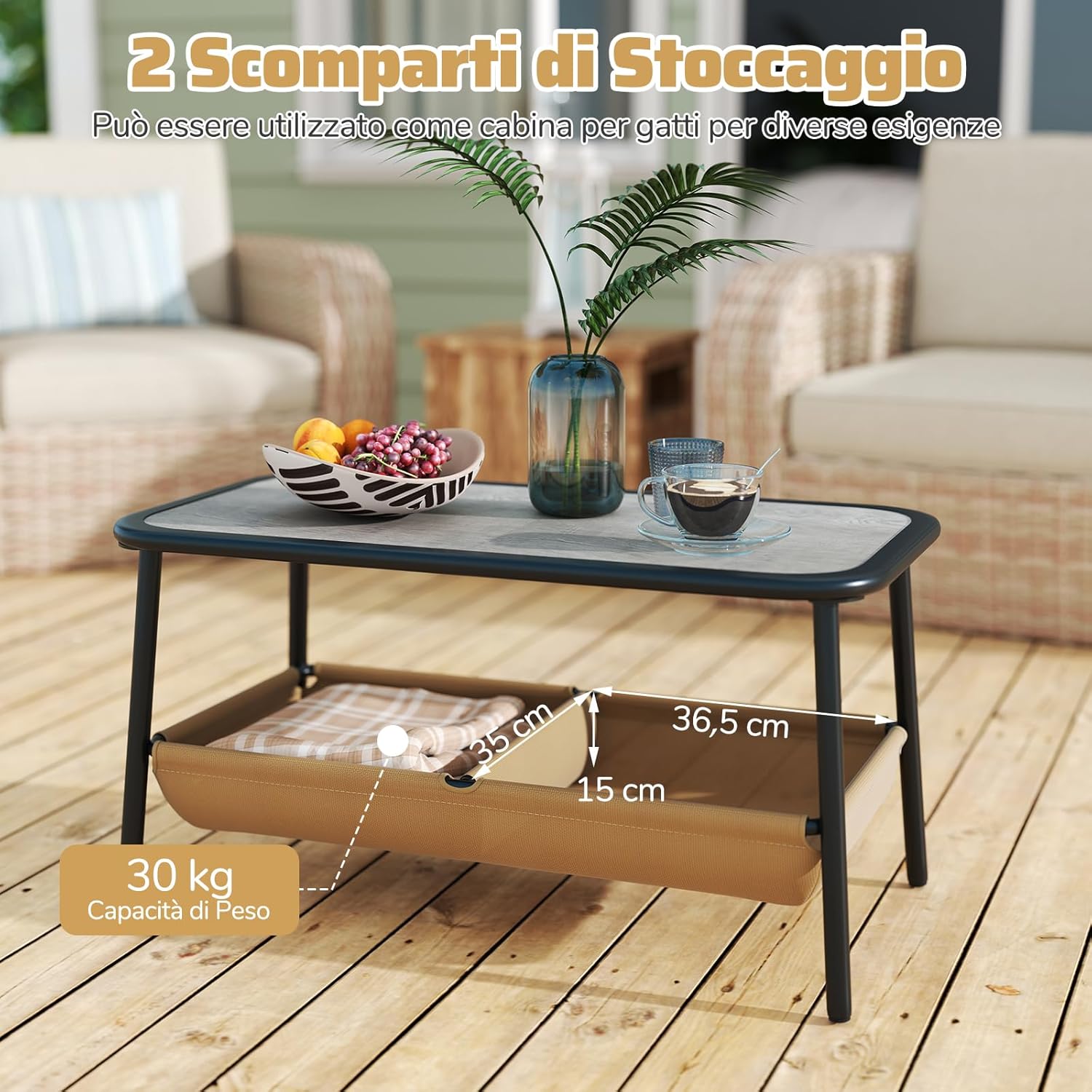 Set Tavolo e Panca da Giardino, Tavolino da Caffè con 2 Scomparti di Stoccaggio, Set Bistro da Esterno in Metallo, per Balcone Veranda, Pancha Portata 300 kg, Tavolo Portata 80 kg