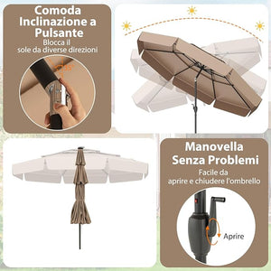 Ombrellone Esterno 300 cm, con 32 Luci LED, Ombrellone Giardino con Regolazione Inclinazione, Manovella e 8 Stecche, Parasole da Esterno con Tettuccio Ventilato a 3 Livelli