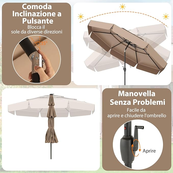 Ombrellone Esterno 300 cm, con 32 Luci LED, Ombrellone Giardino con Regolazione Inclinazione, Manovella e 8 Stecche, Parasole da Esterno con Tettuccio Ventilato a 3 Livelli