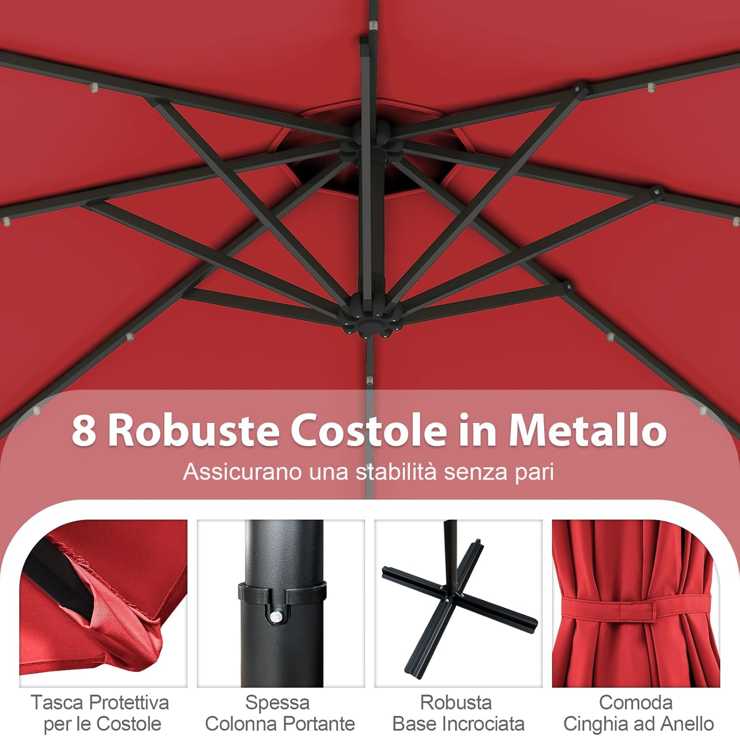 Ombrellone da Giardino ∅300 cm con 32 Luci LED, Ombrellone Prendisole con Rotazione di 360°, Inclinazione Regolabile, 8 Stecche, Manovella, per Giardino Piscina Cortile (Borgogna)