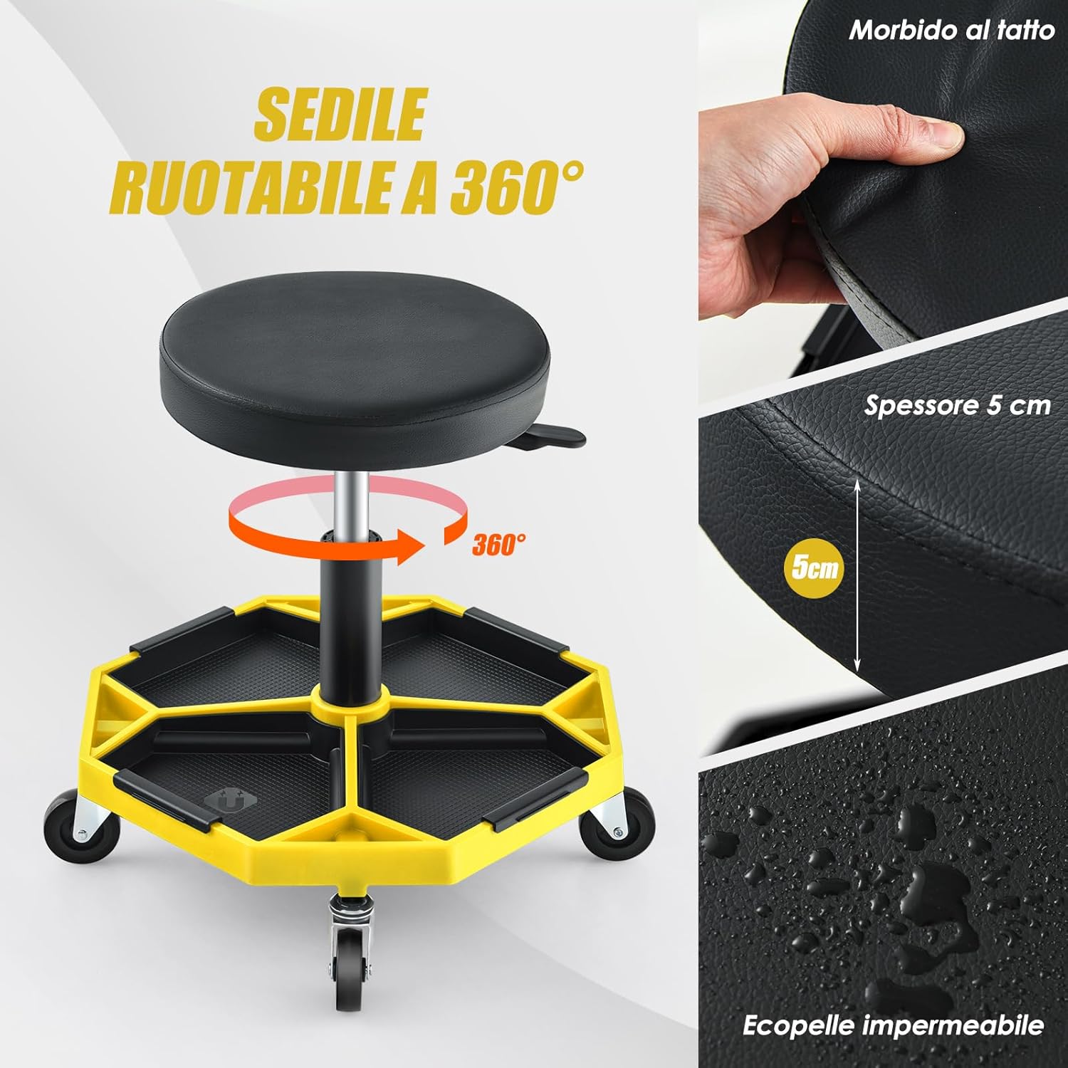 Sgabello da Officina con Ruote, con Ripiano per Attrezzi e Viti, Portata di 150 kg, Altezza Regolabile e Girevole, Sedia Meccanico per Garage, Officina (Giallo)