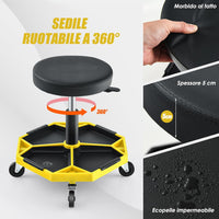 Sgabello da Officina con Ruote, con Ripiano per Attrezzi e Viti, Portata di 150 kg, Altezza Regolabile e Girevole, Sedia Meccanico per Garage, Officina (Giallo)
