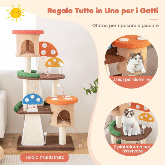 Albero per Gatti 4 in 1, Torre Multilivello per Gatti con 2 Condo e Piattaforme, Centro di Attività per Gatti con Pali e Tiragraffi in Sisal, Palline Interattive
