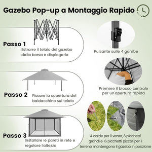 Gazebo Pieghevole da Giardino 4 x 4 m, Altezza Regolabile, Gazebo Pop-up con Zanzariera, Borsa di Trasporto, Doppio Tetto Ventilato e per Giardino Patio e Cortile (Grigio)