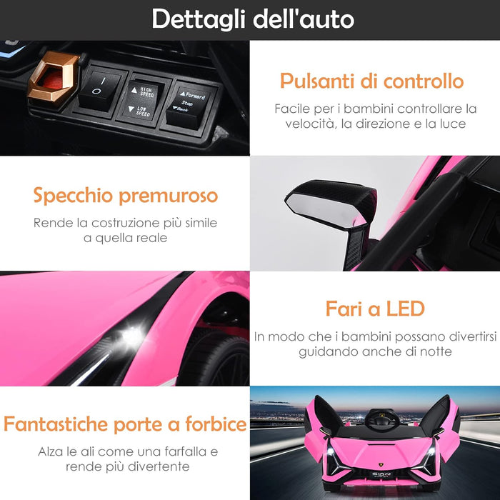 Macchina Elettrica Lamborghini per Bambini da 12V, Veicolo Elettrico Cavalcabile con Luci LED MP3 Telecomando, Fino a 5km/h, +3 Anni (Rosa)
